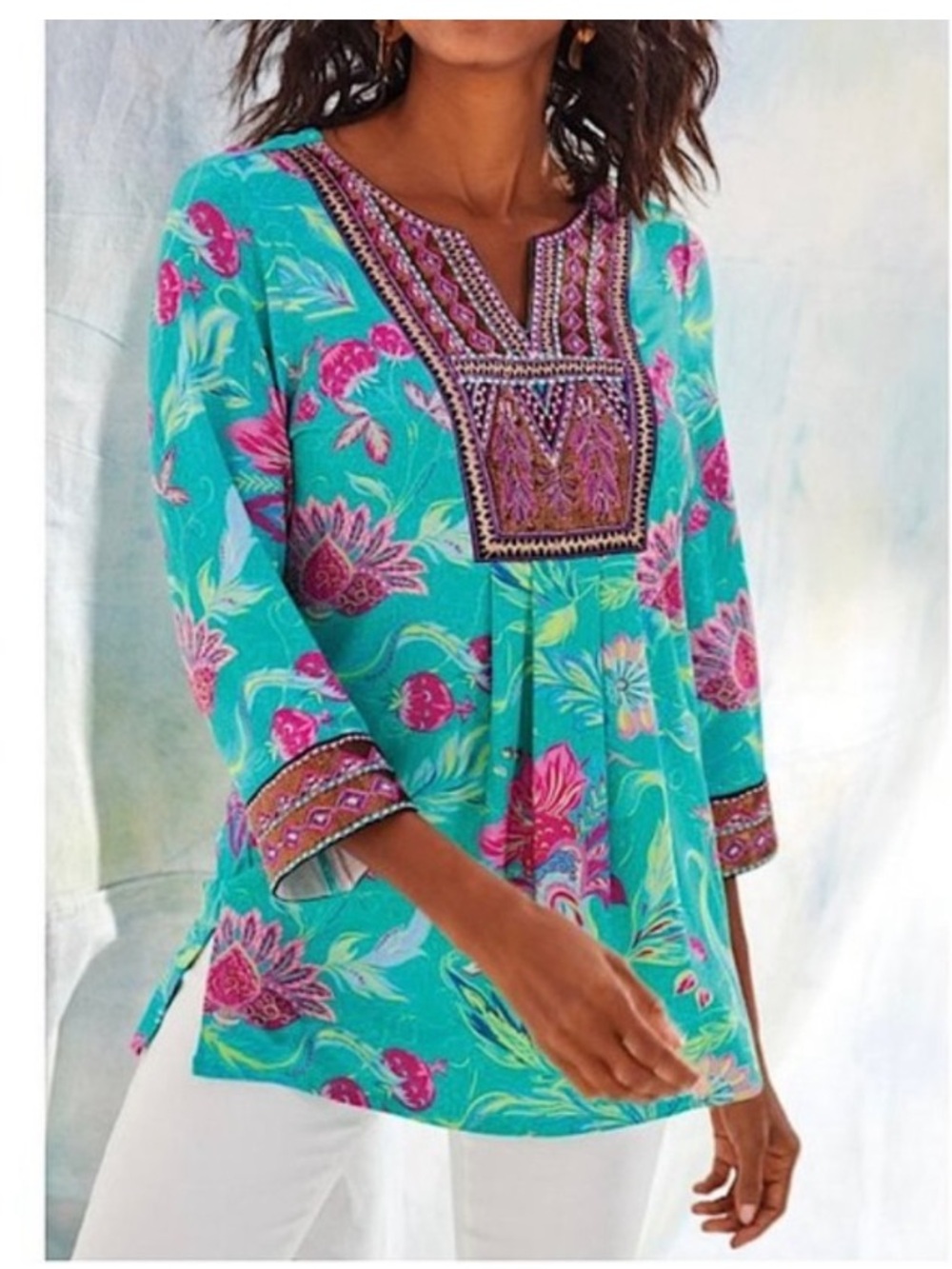 Soft Surroundings Maddalena Aqua Beaded Embroidered Tunic